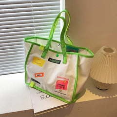 Canvas Letter Tote Bag Striped Shoulder Bag Women Handbag