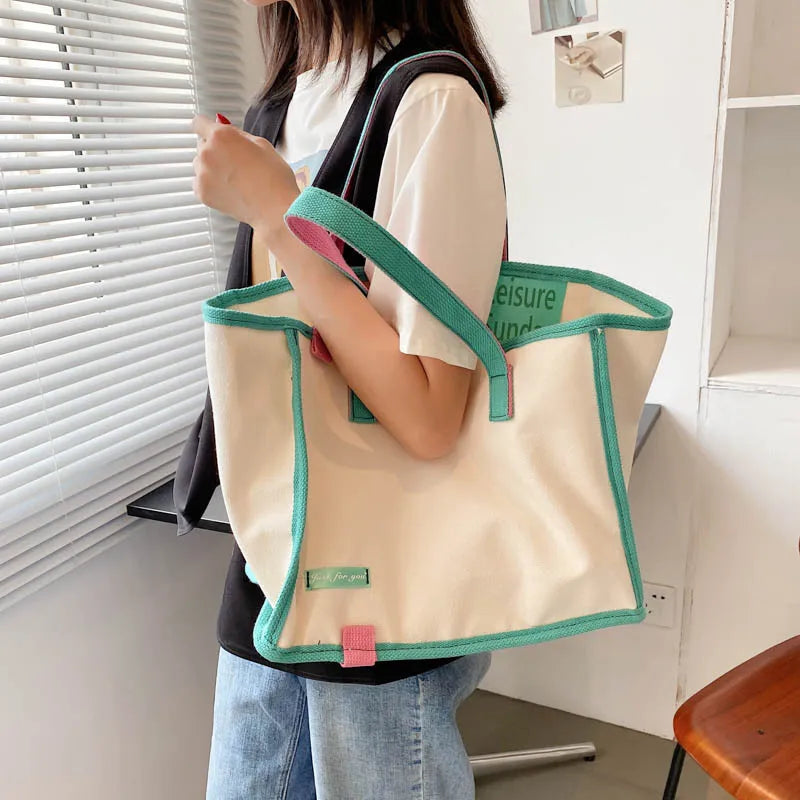 Canvas Letter Tote Bag Striped Shoulder Bag Women Handbag