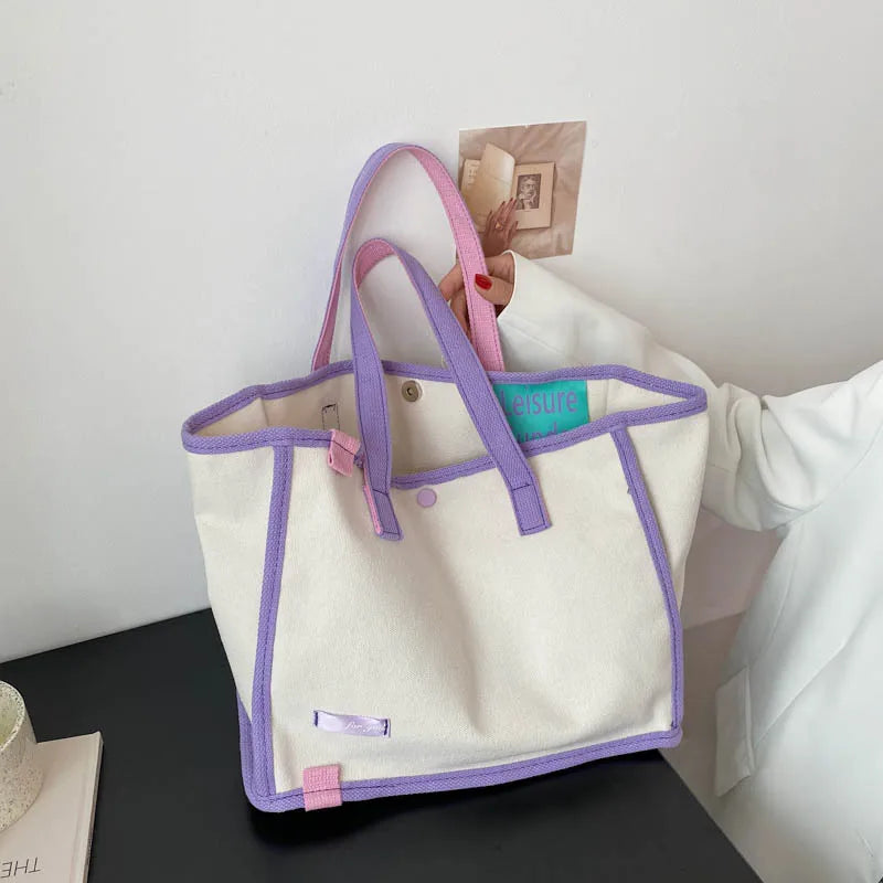 Canvas Letter Tote Bag Striped Shoulder Bag Women Handbag