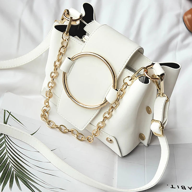 Metal Ring Chain Bucket Bag for Women Casual Shoulder Crossbody Tote