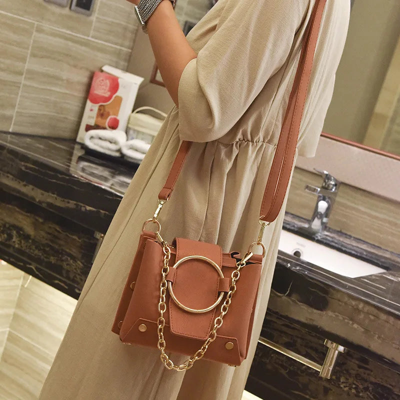 Metal Ring Chain Bucket Bag for Women Casual Shoulder Crossbody Tote