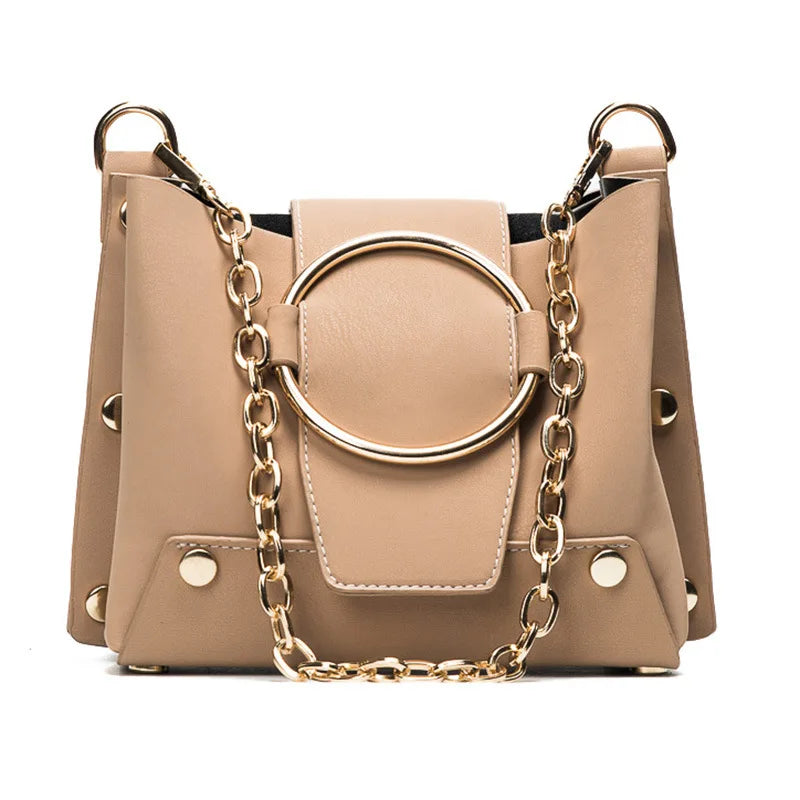 Metal Ring Chain Bucket Bag for Women Casual Shoulder Crossbody Tote