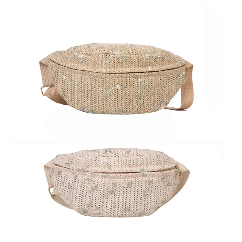 Women's Straw Beach Sling Chest Bag Waist Fanny Pack Crossbody Phone Pouch