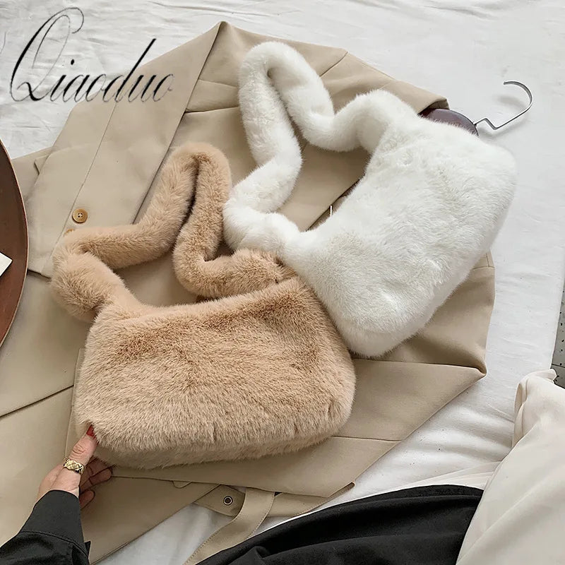 Qiaoduo Solid Shoulder Underarm Bag Women Plush Soft Autumn Winter Fluffy Female