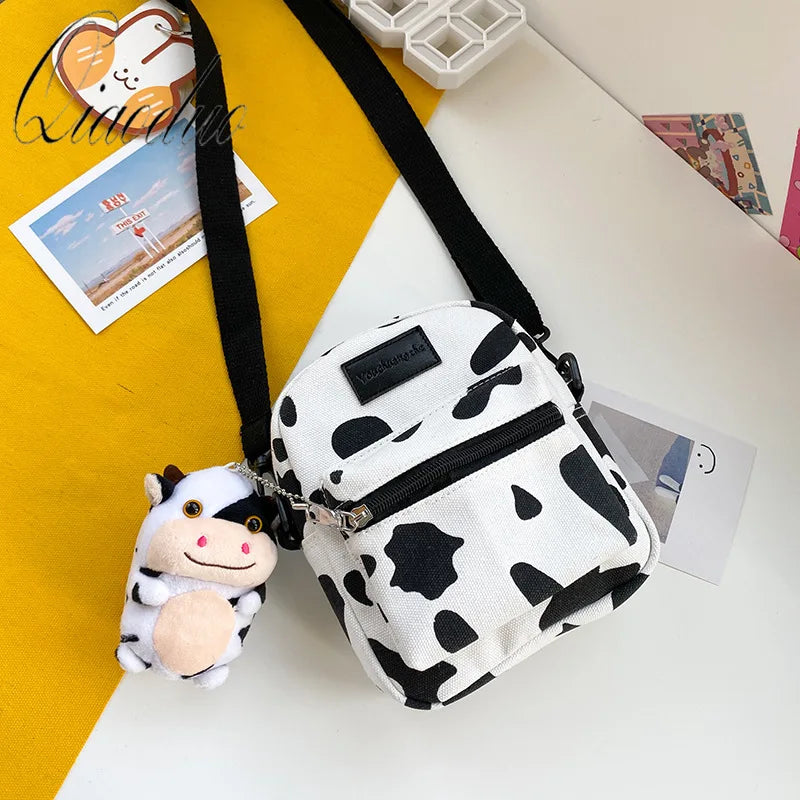 Japanese Cow Print Canvas Shoulder Bag Girls Crossbody Phone Purse
