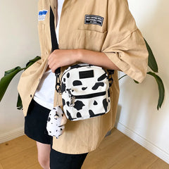 Japanese Cow Print Canvas Shoulder Bag Girls Crossbody Phone Purse