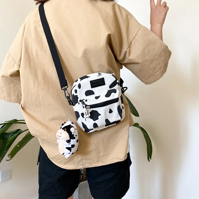 Japanese Cow Print Canvas Shoulder Bag Girls Crossbody Phone Purse