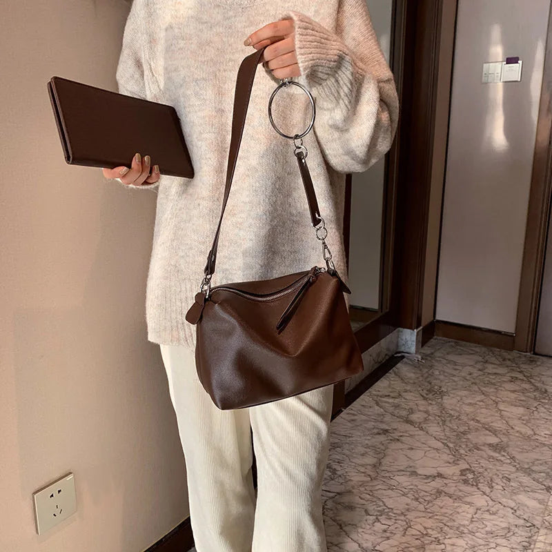 Qiaoduo Vintage PU Leather Shoulder Bag for Women Wide Belt Handbags