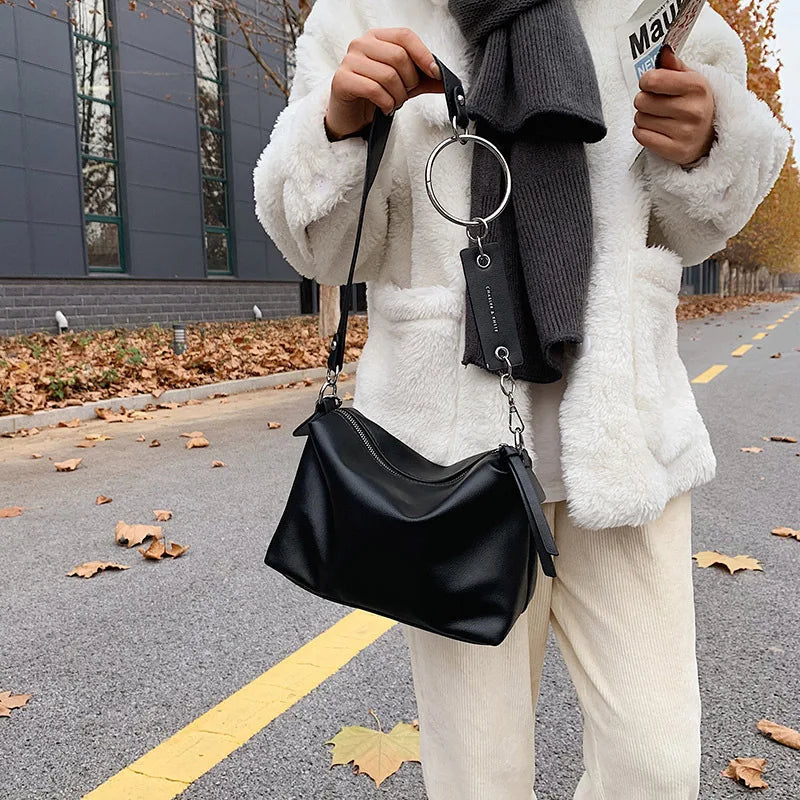 Qiaoduo Vintage PU Leather Shoulder Bag for Women Wide Belt Handbags