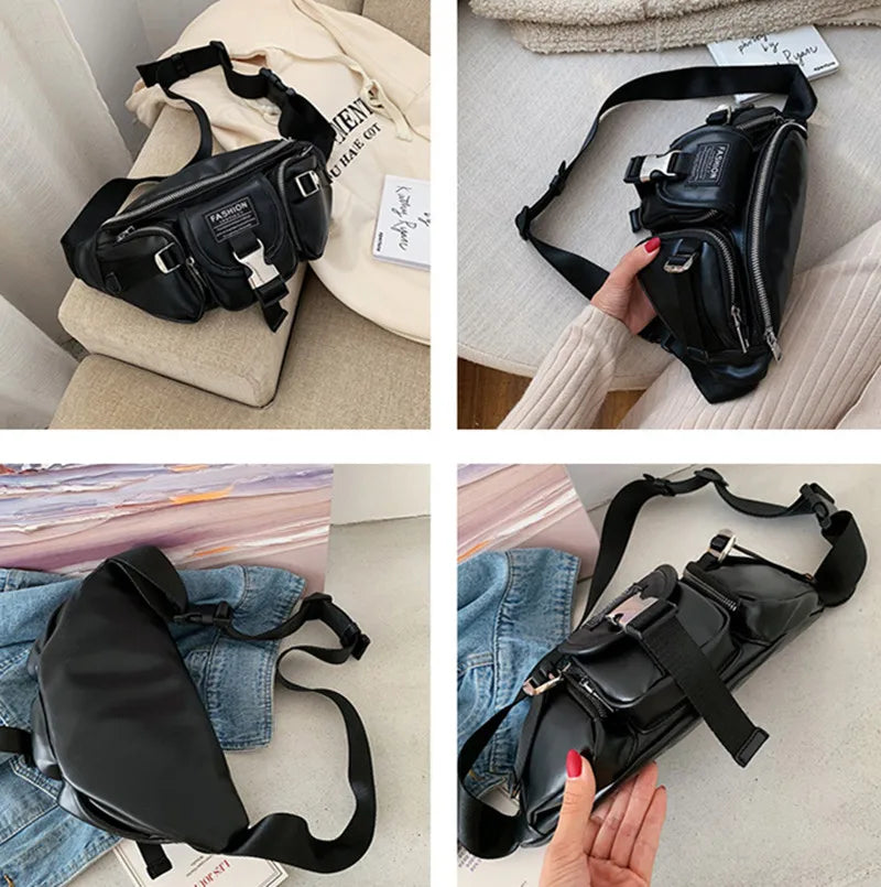 PU Leather Waist Bag Chain Fanny Pack Women Belly Band Belt Bag