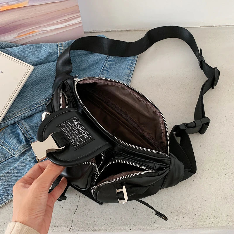 PU Leather Waist Bag Chain Fanny Pack Women Belly Band Belt Bag