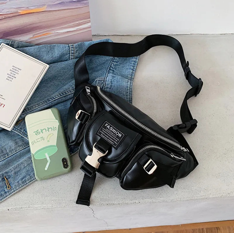 PU Leather Waist Bag Chain Fanny Pack Women Belly Band Belt Bag