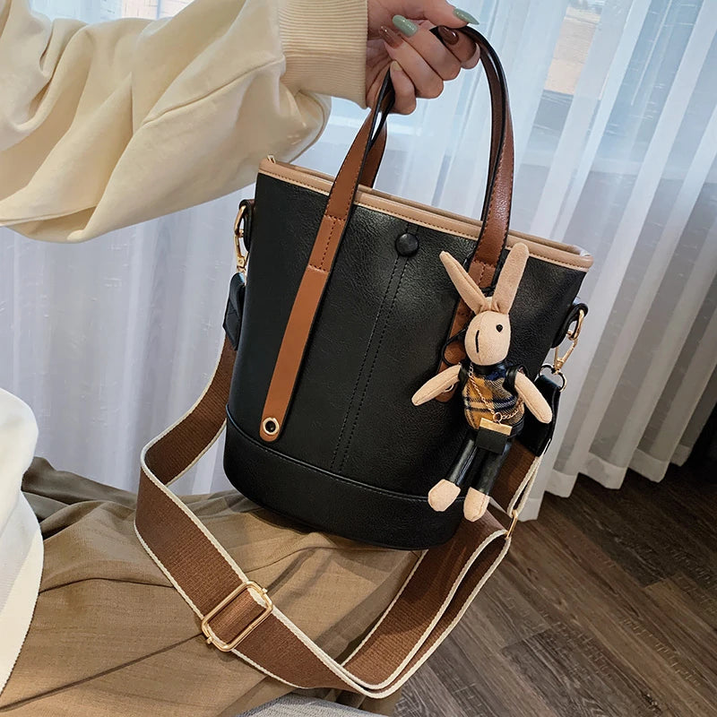 Women's PU Leather Bucket Bag Casual Crossbody Shoulder Handbag