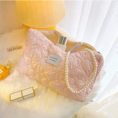 Quilted Cosmetic Bag Pink Makeup Organizer Large Zipper Beauty Pouch