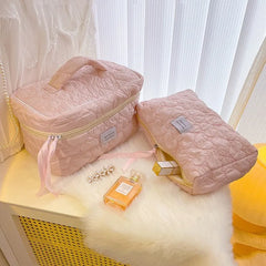 Quilted Cosmetic Bag Pink Makeup Organizer Large Zipper Beauty Pouch
