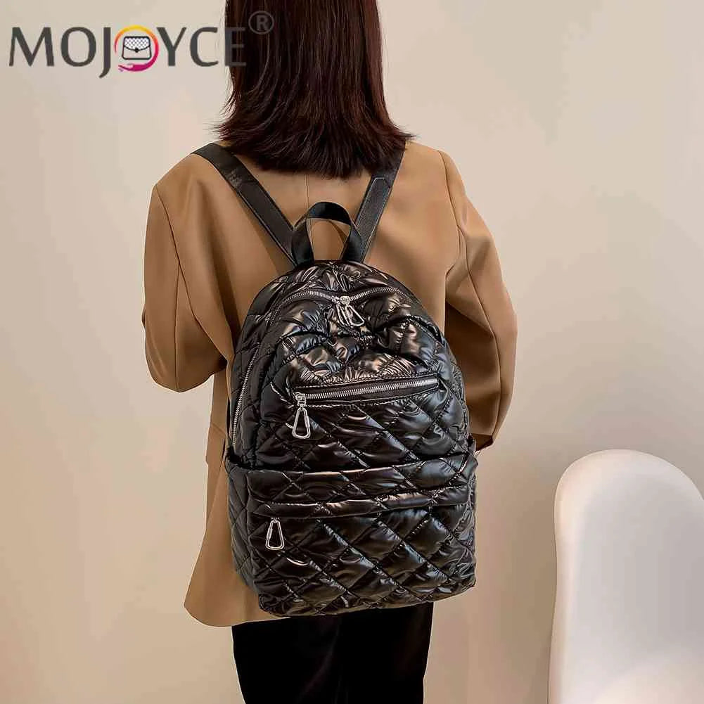 Quilted Cotton-Padded Backpack Nylon Rhombic Lattice Women's Bag