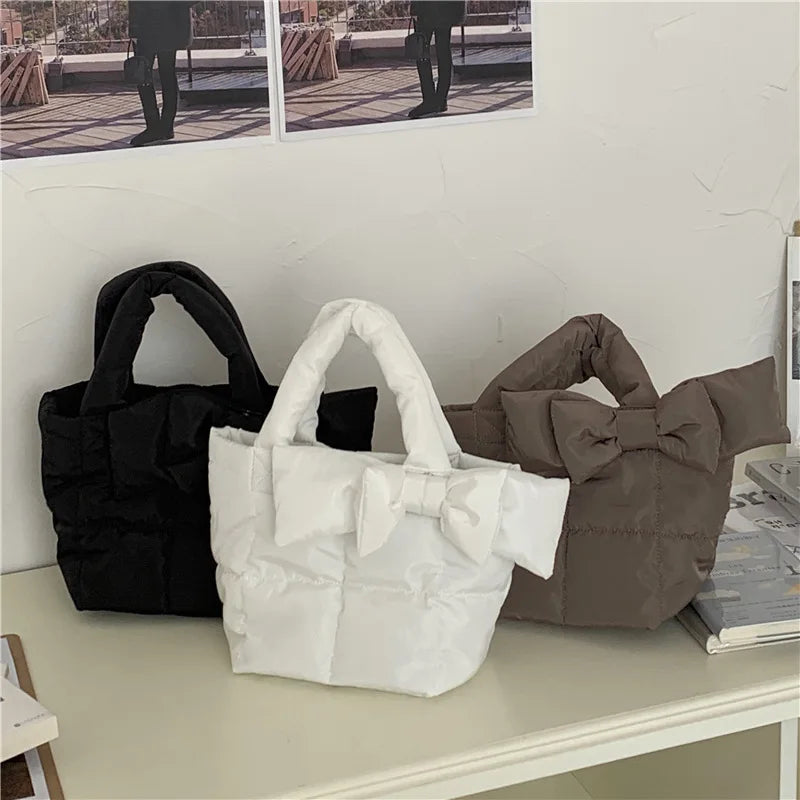 Quilted Women Stuffed Cotton Shoulder Bag Bowknot Decoration Ladies Crossbody Ba