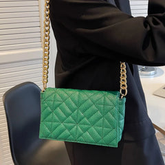 Green Quilted Tote Bag Metal Chain Shoulder Handbag Embroidery Women's Bag