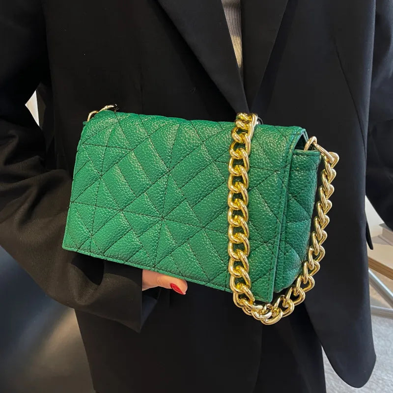 Green Quilted Tote Bag Metal Chain Shoulder Handbag Embroidery Women's Bag