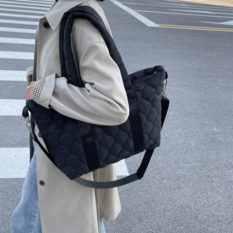 Quilted Nylon Large Tote Bag for Women Winter Ladies Big Shoulder Bag