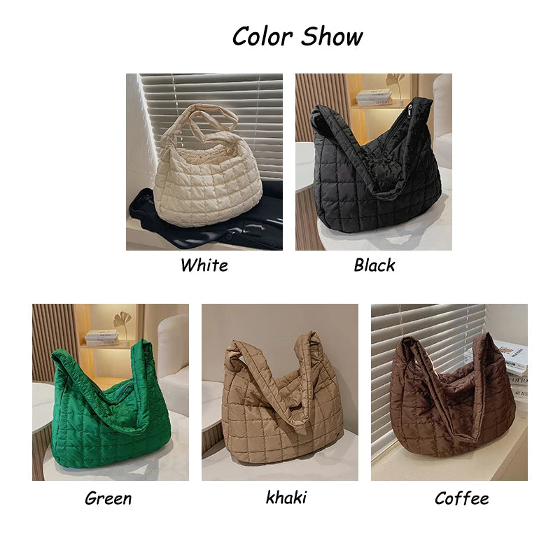 Quilted Soft Nylon Shoulder Bag Women Padded Handbag Big Totes