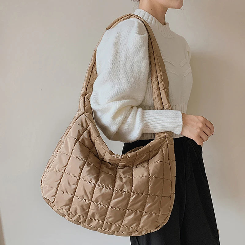 Quilted Soft Nylon Shoulder Bag Women Padded Handbag Big Totes