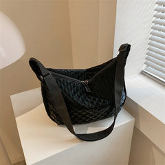 Quilted Women Crossbody Bag Nylon Winter Messenger Bag - Black