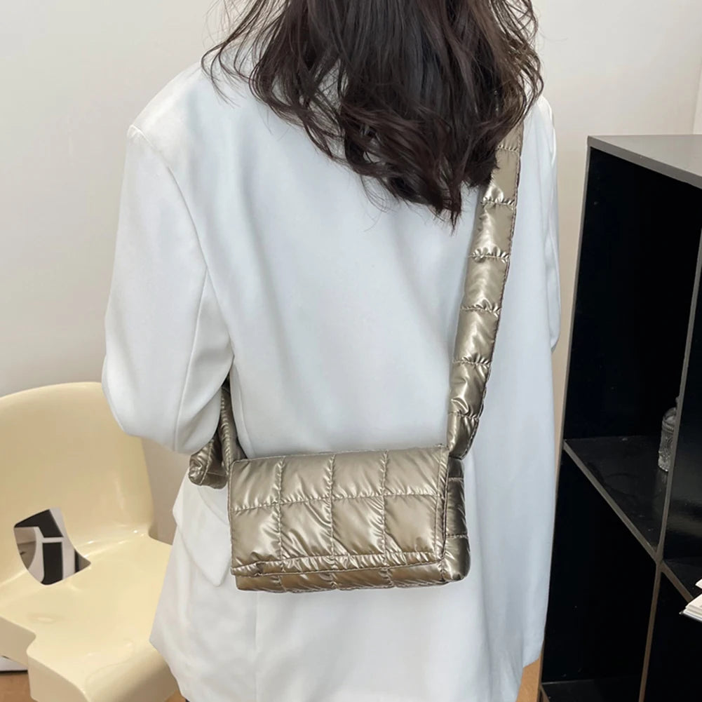Quilted Women Messenger Bag Check Cotton-Padded Casual Flap Nylon Soft Solid