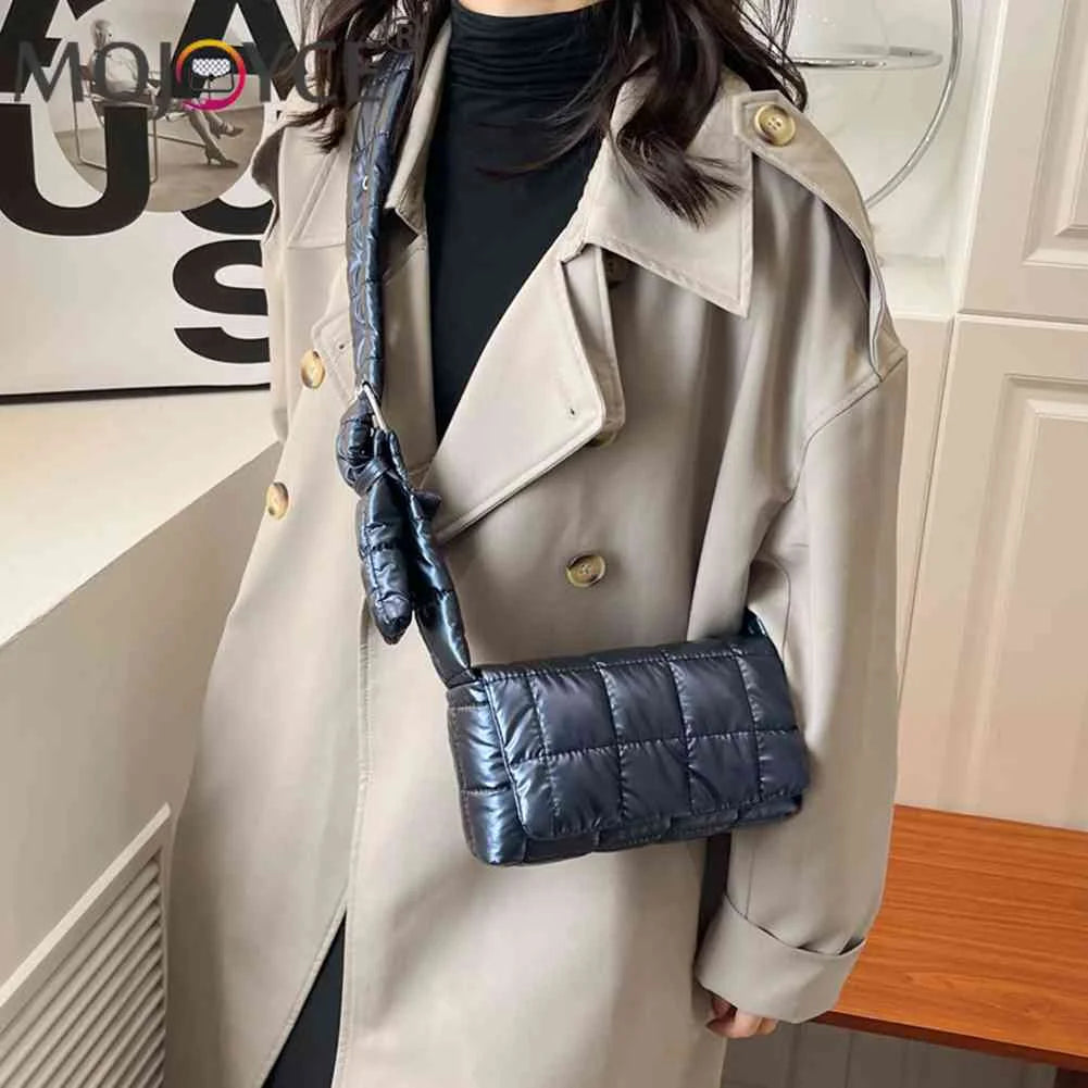 Quilted Women Messenger Bag Check Cotton-Padded Nylon Buckle Flap Soft Solid