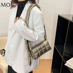 Quilted Women Messenger Bag Check Cotton-Padded Nylon Buckle Flap Soft Solid