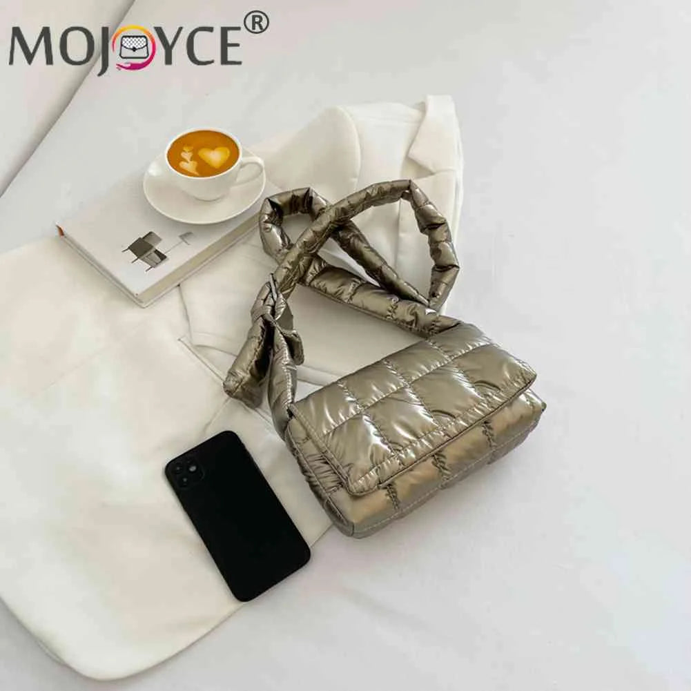 Quilted Women Messenger Bag Check Cotton-Padded Nylon Buckle Flap Soft Solid