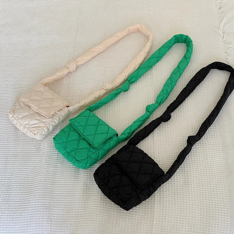 Quilting Nylon Padded Women's Crossbody Bag Plaid Embroidery Mini Phone Bag