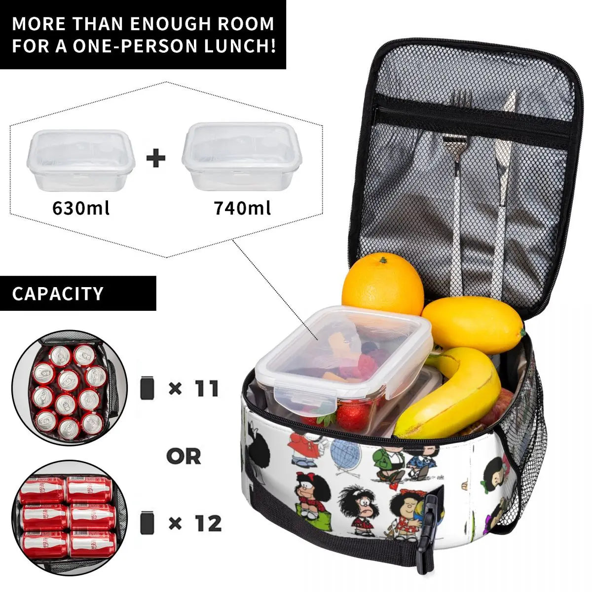 Quino Mafada Manga Lunch Bag Women Argentina Cartoon Cooler Bento Box