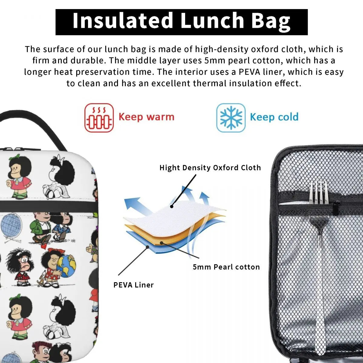 Quino Mafada Manga Lunch Bag Women Argentina Cartoon Cooler Bento Box