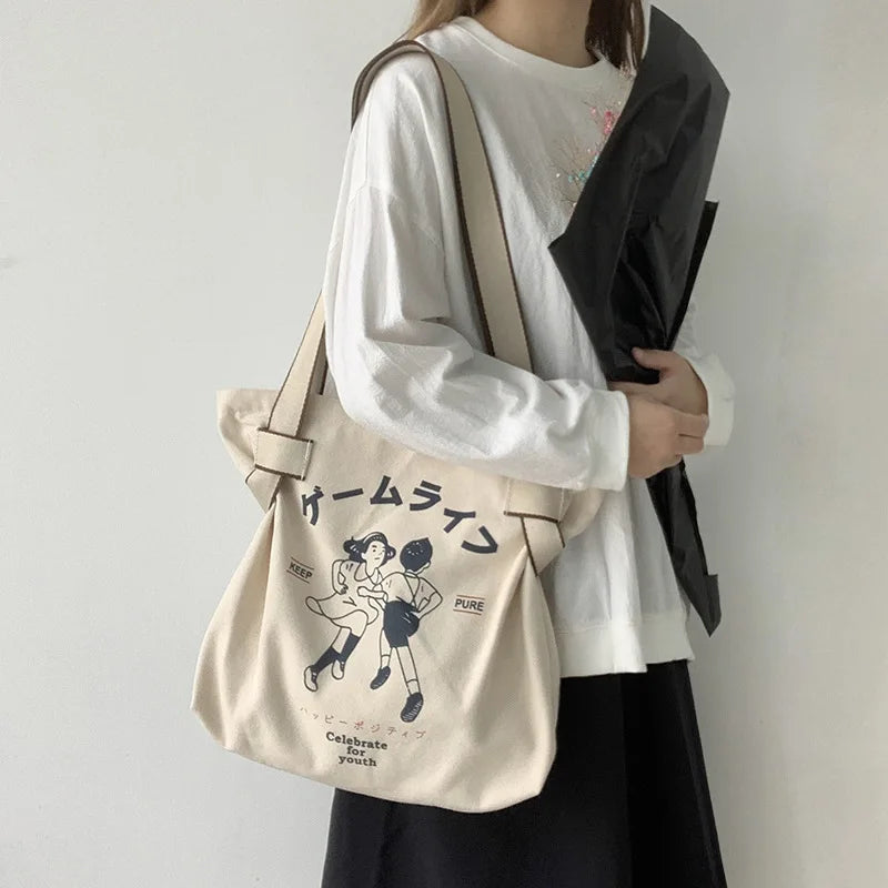Large Capacity Canvas Women's Shoulder Bag Retro Style Travel Handbag