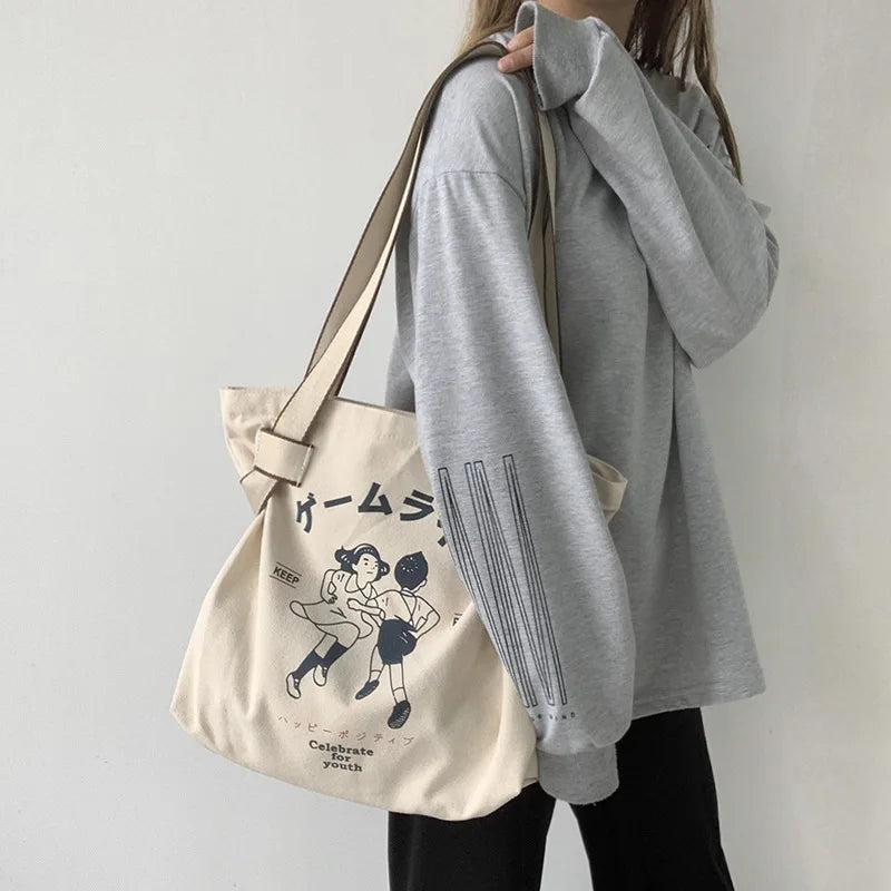 Large Capacity Canvas Women's Shoulder Bag Retro Style Travel Handbag