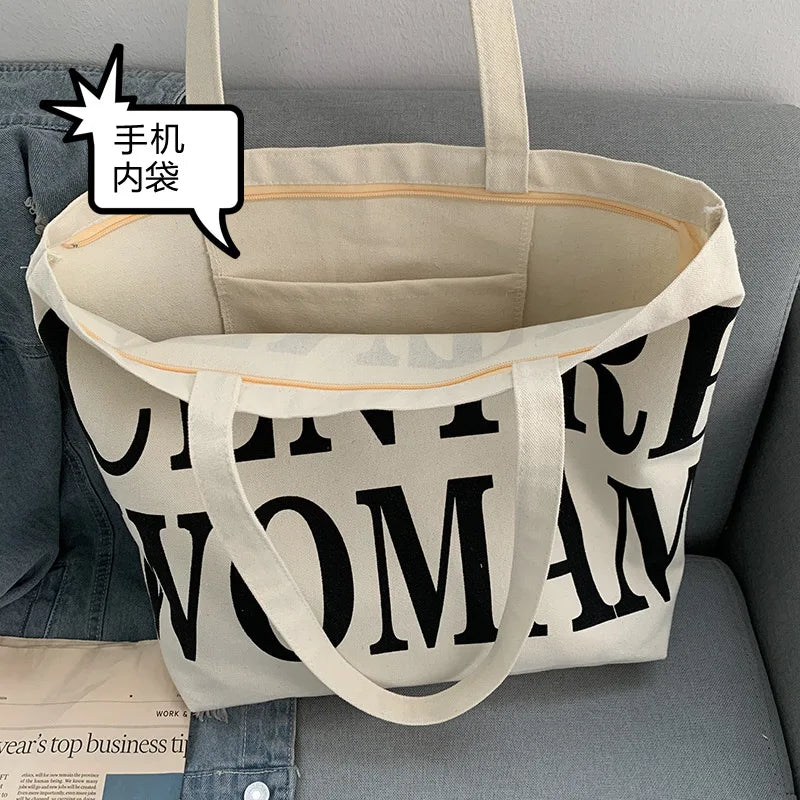 Letter Canvas Women's Shoulder Bag Large Capacity Shopper Tote Bags