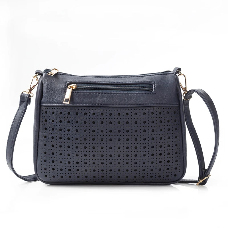 Double Zipper Women Messenger Bags Hollow PU Leather Shoulder Bag