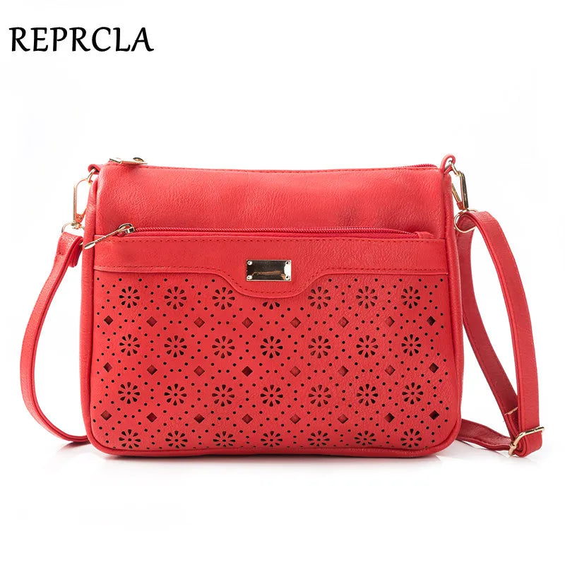 Double Zipper Women Messenger Bags Hollow PU Leather Shoulder Bag