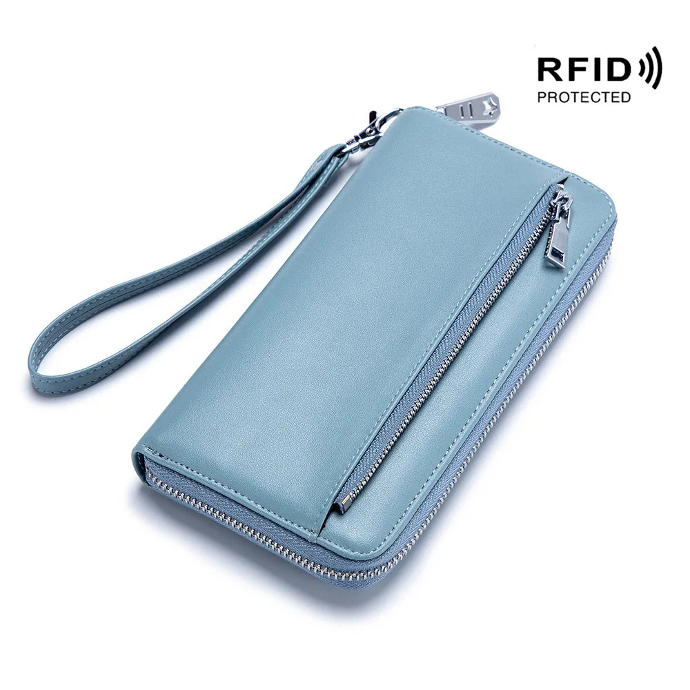 RFID Blocking Wristlet Split Leather Women Wallet Long Lady Purse Clutch