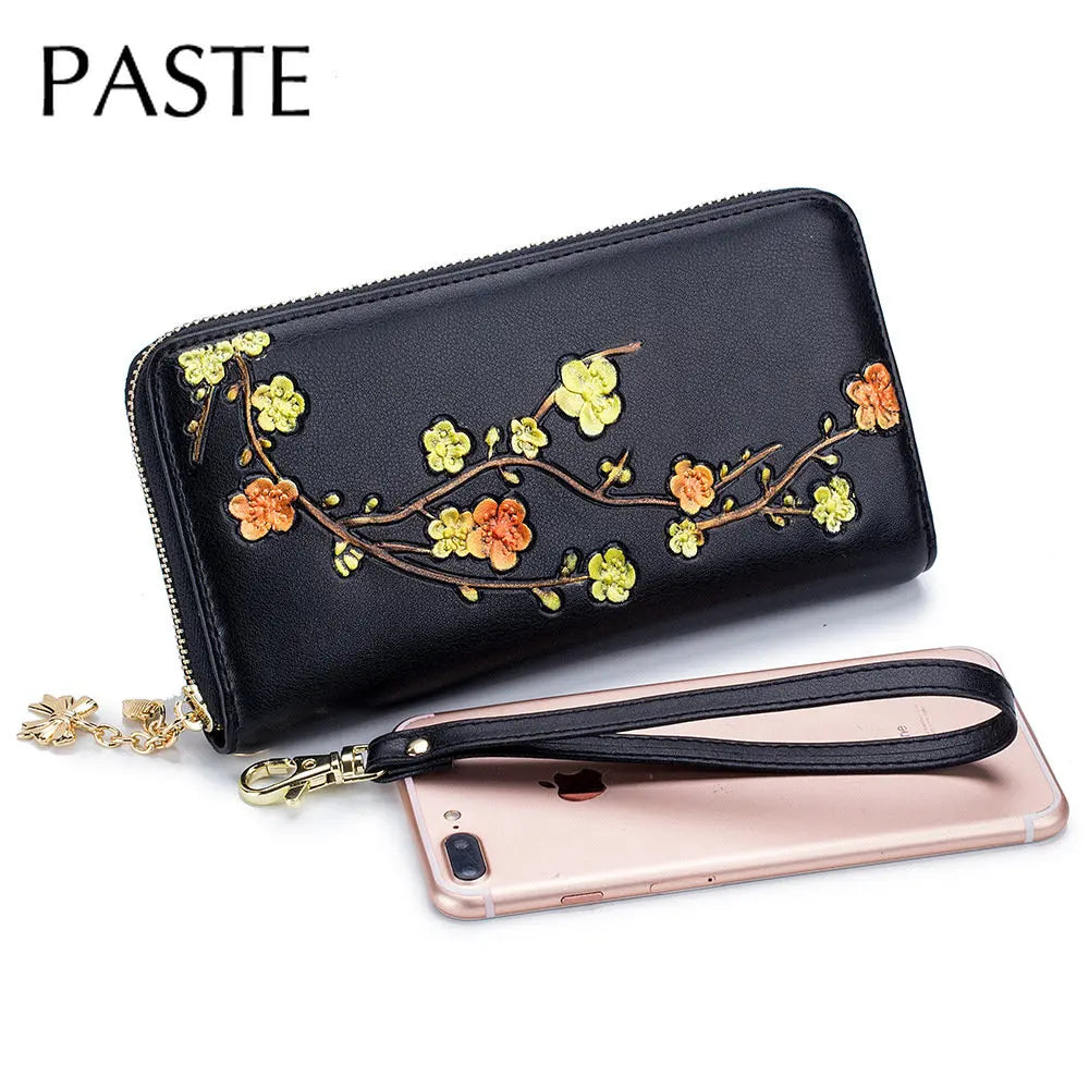 RFID Plum Blossom Coloured Drawing Leather Women Wallet Ladies Clutch Bag