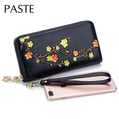 RFID Plum Blossom Coloured Drawing Leather Women Wallet Ladies Clutch Bag