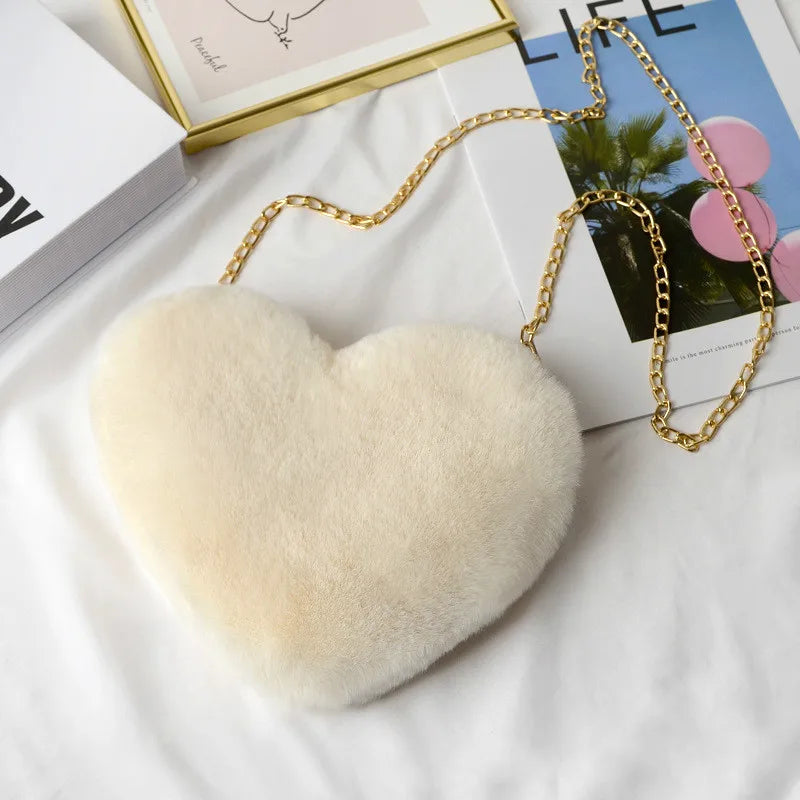 Rabbit Fur Love Bag Cross Body Heart Chain Purse