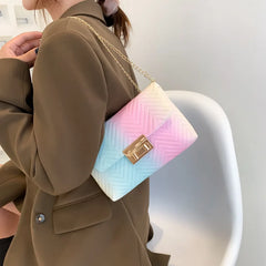 Rainbow Chains Shoulder Bag Women PU Leather Crossbody Handbag Purse Tote