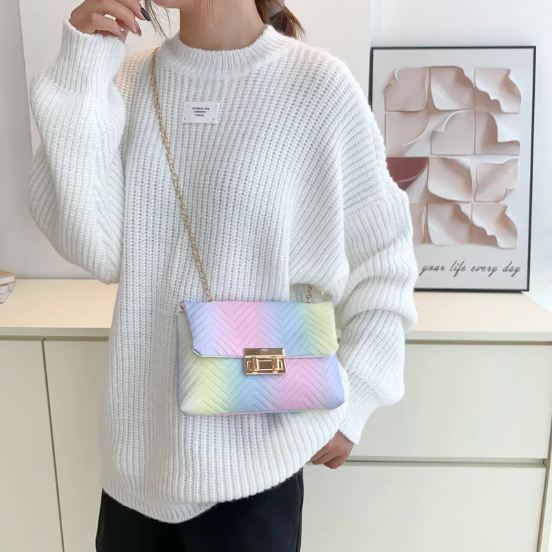 Rainbow Chains Shoulder Bag Women PU Leather Crossbody Handbag Purse Tote