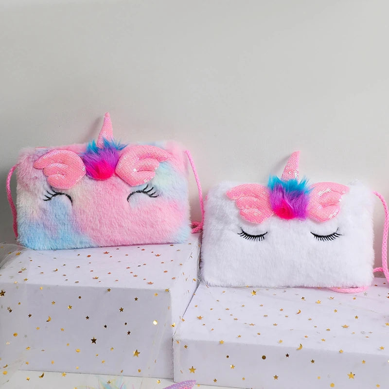Rainbow Handbags Winter Plush Shoulder Purse for Women Girls