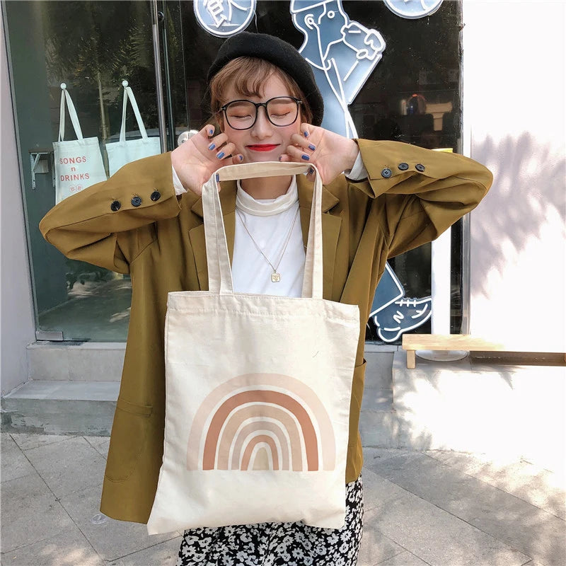 Rainbow Cotton Canvas Bag Women's Casual Shoulder Bags Lady Handbag