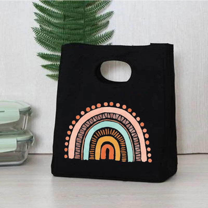 Rainbow Print Portable Lunch Bags Thermal Insulated Bento Box Tote