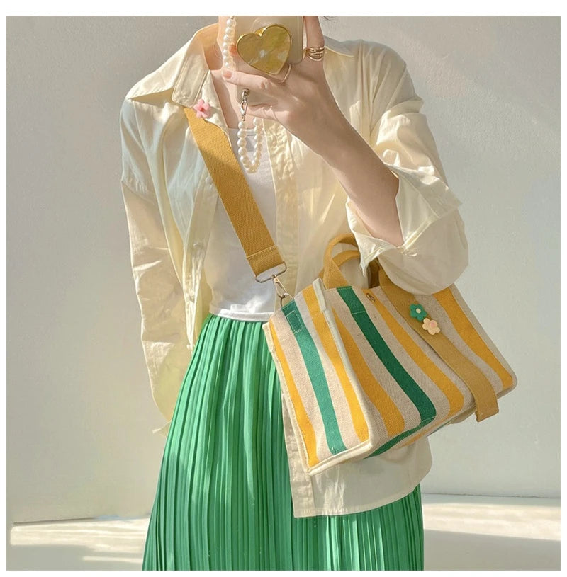 Rainbow Striped Small Tote Shoulder Bag Canvas Women Square Shape
