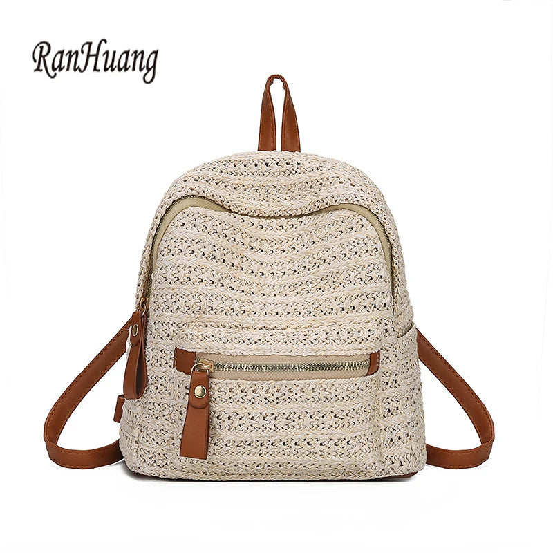 Women's Straw Beach Backpack Small Travel Bag Beige